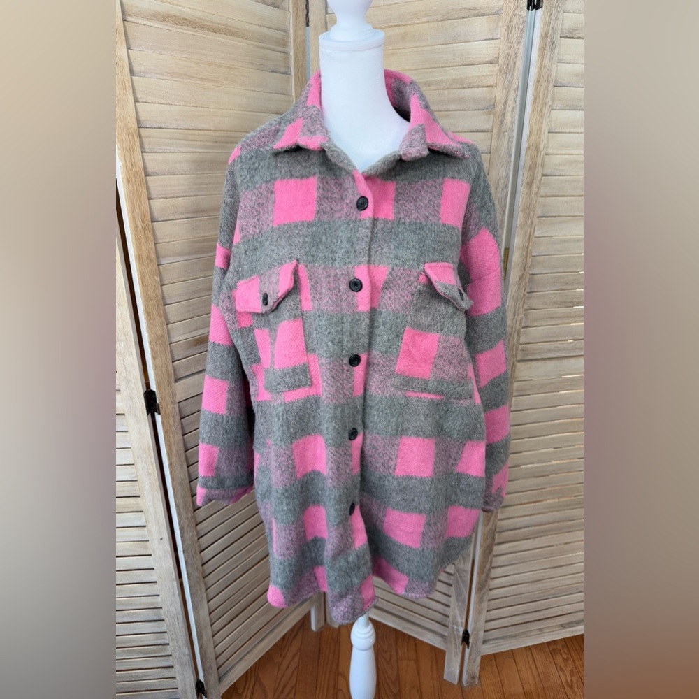 Pink and Gray Plaid Long Button-Up Shirt Jacket